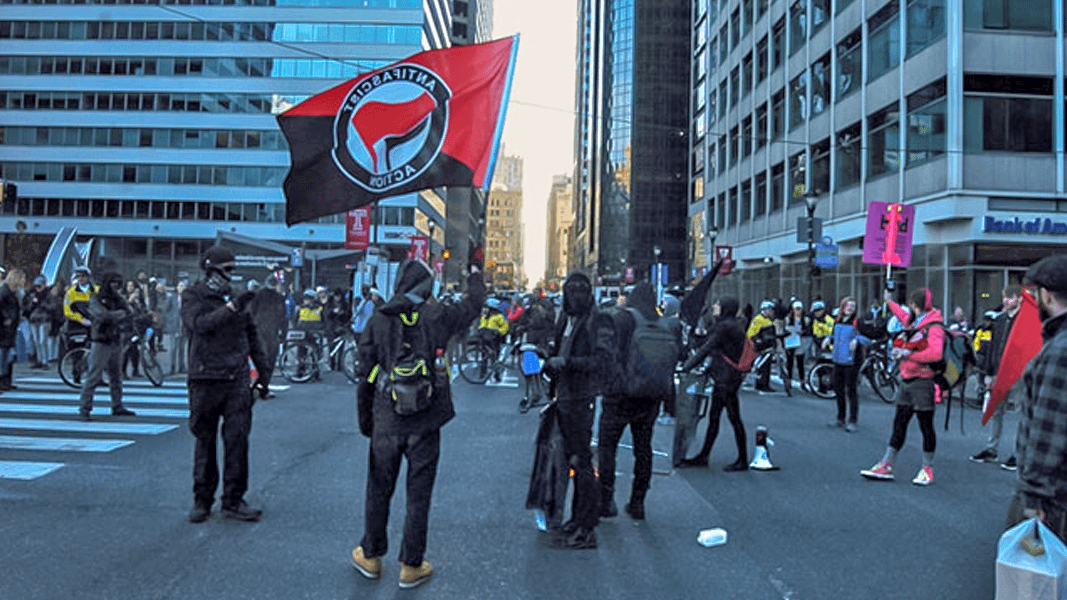 An anti-fascist group known as Philly Rebellion marked the arrest of more than 200 protesters one year ago at the inauguration of Donald Trump in Washington, DC, by taking and holding a major intersection in downtown Philadelphia on January 20, 2018.