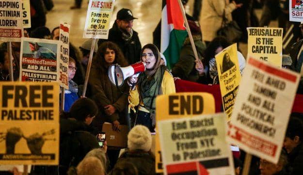 Picture from rally in support of Palestinian detained by Israel at Grand Central Terminal in Manhattan, New York.